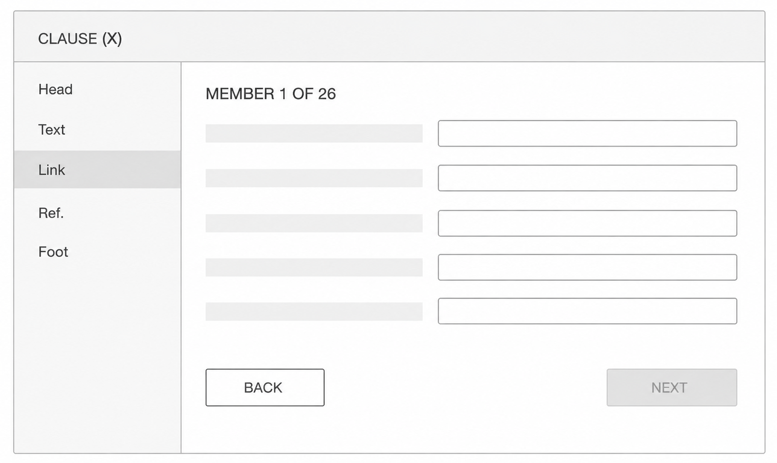 Wireframe of option A — one member shown at a time in a guided form.