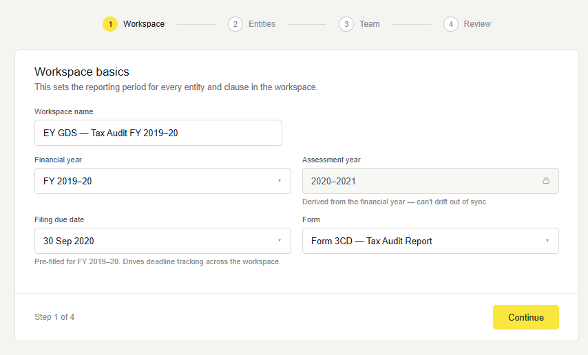 Step 1 of the setup wizard — workspace basics, with financial year, a locked assessment year, filing due date and form.