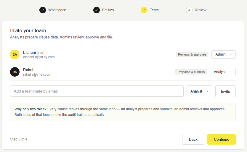 Step 3 of the setup wizard — inviting teammates as Admin or Analyst, with a note explaining the two-role model.