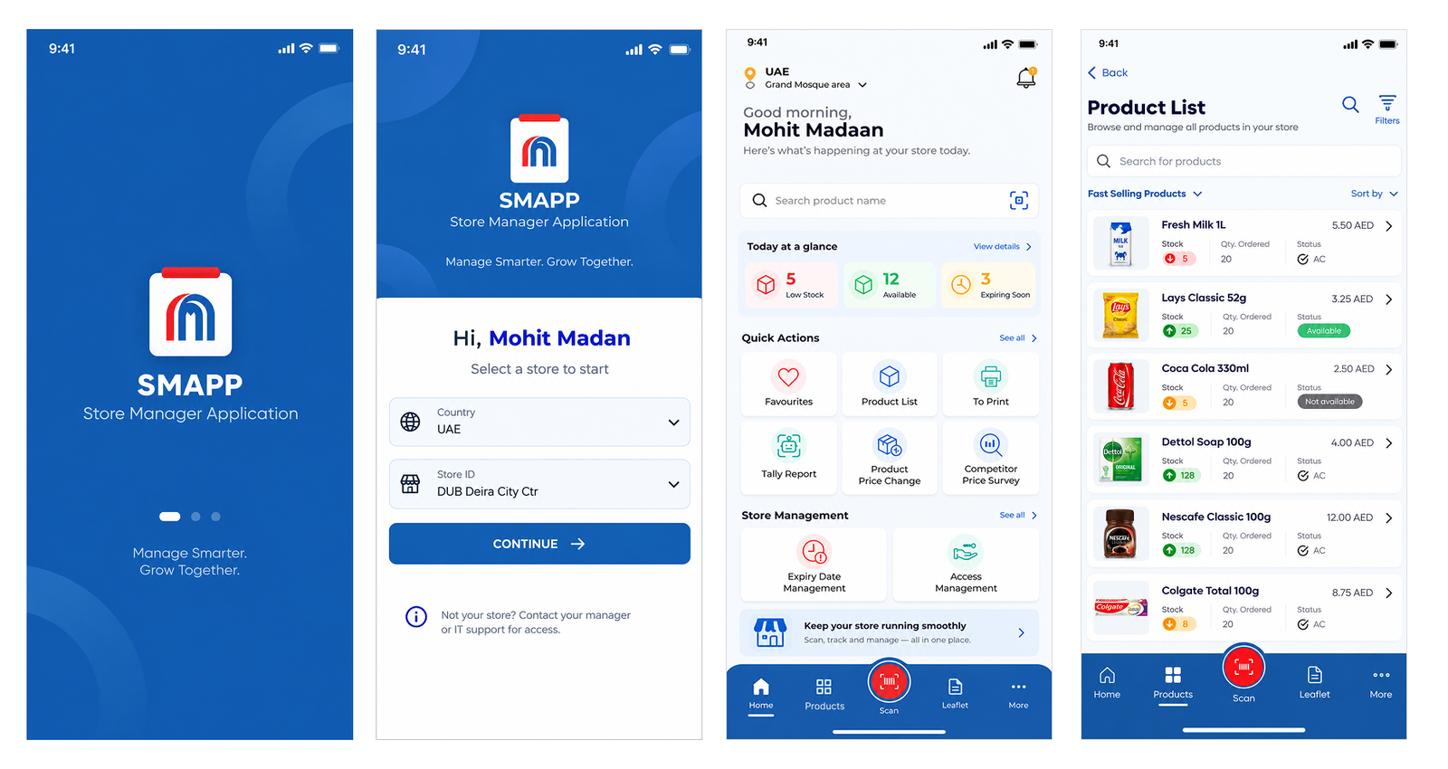 Splash screen, store selection, Home and product list