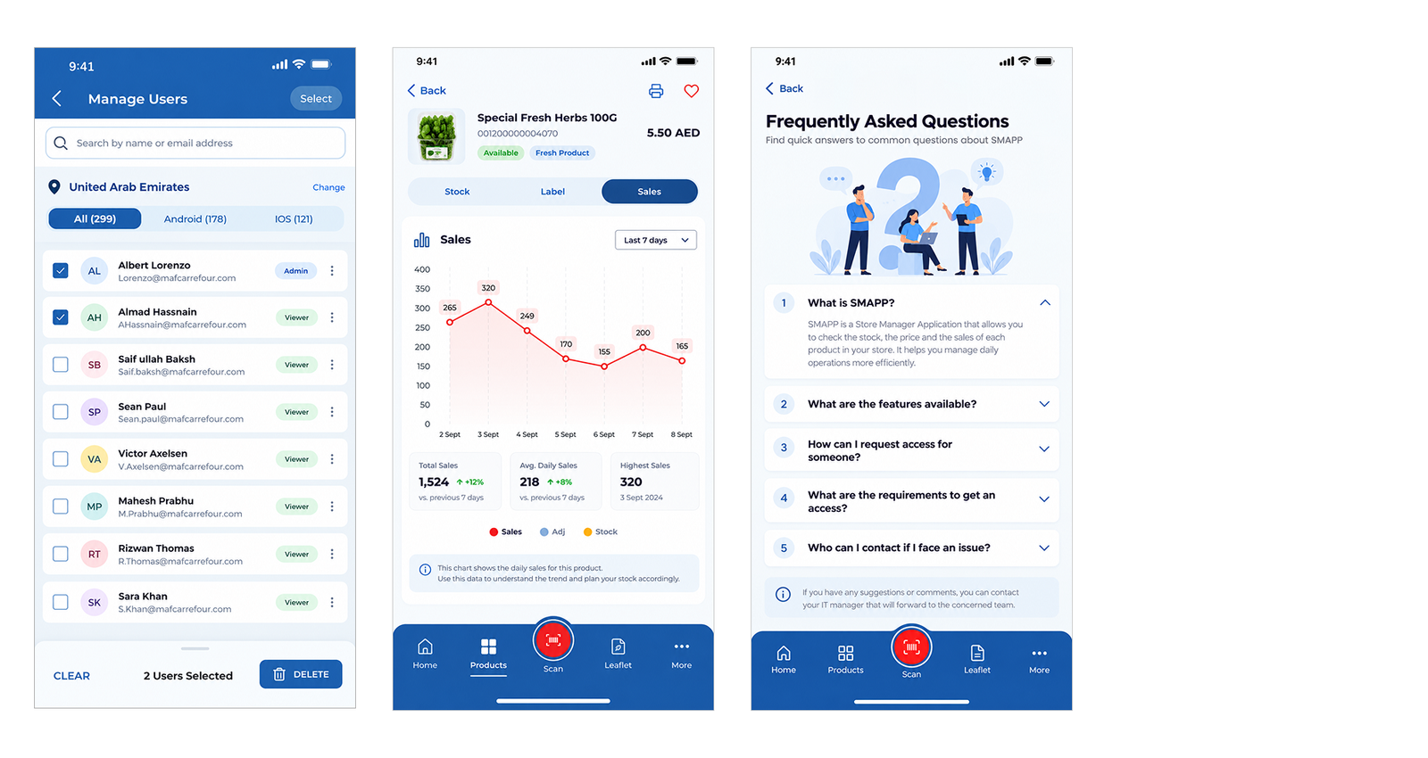 Manage users, product sales tab and FAQ screens
