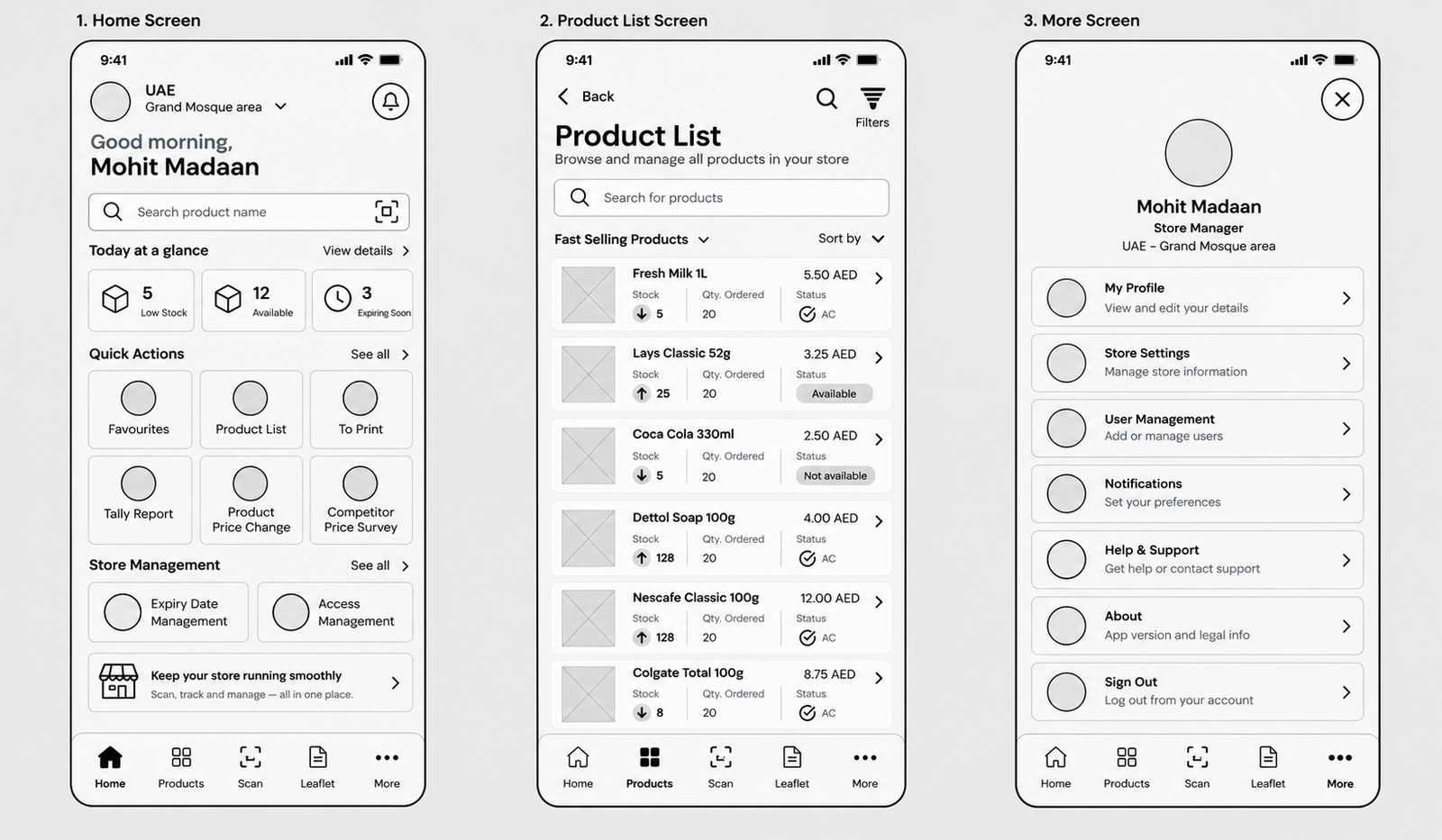 Wireframes of the Home grid, the product list and the More menu